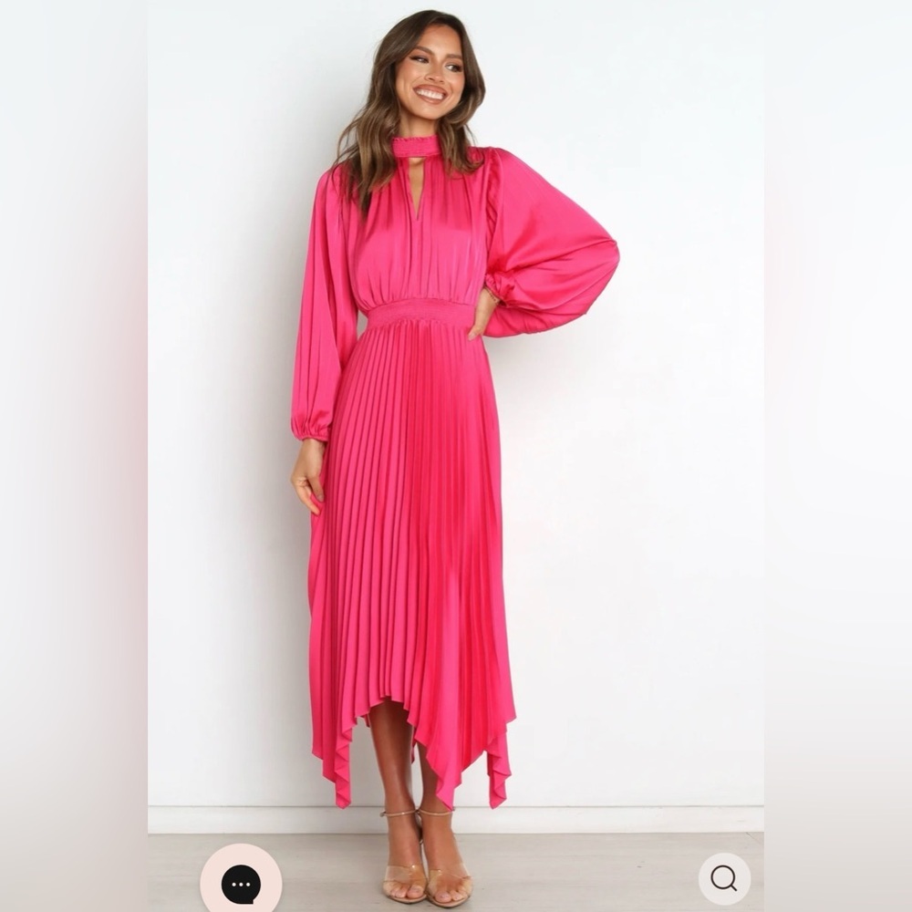 Petal & Pup Pleated Long Sleeve Midi Semi Formal Pink Satin Cocktail Dress US 8 - Picture 4 of 12